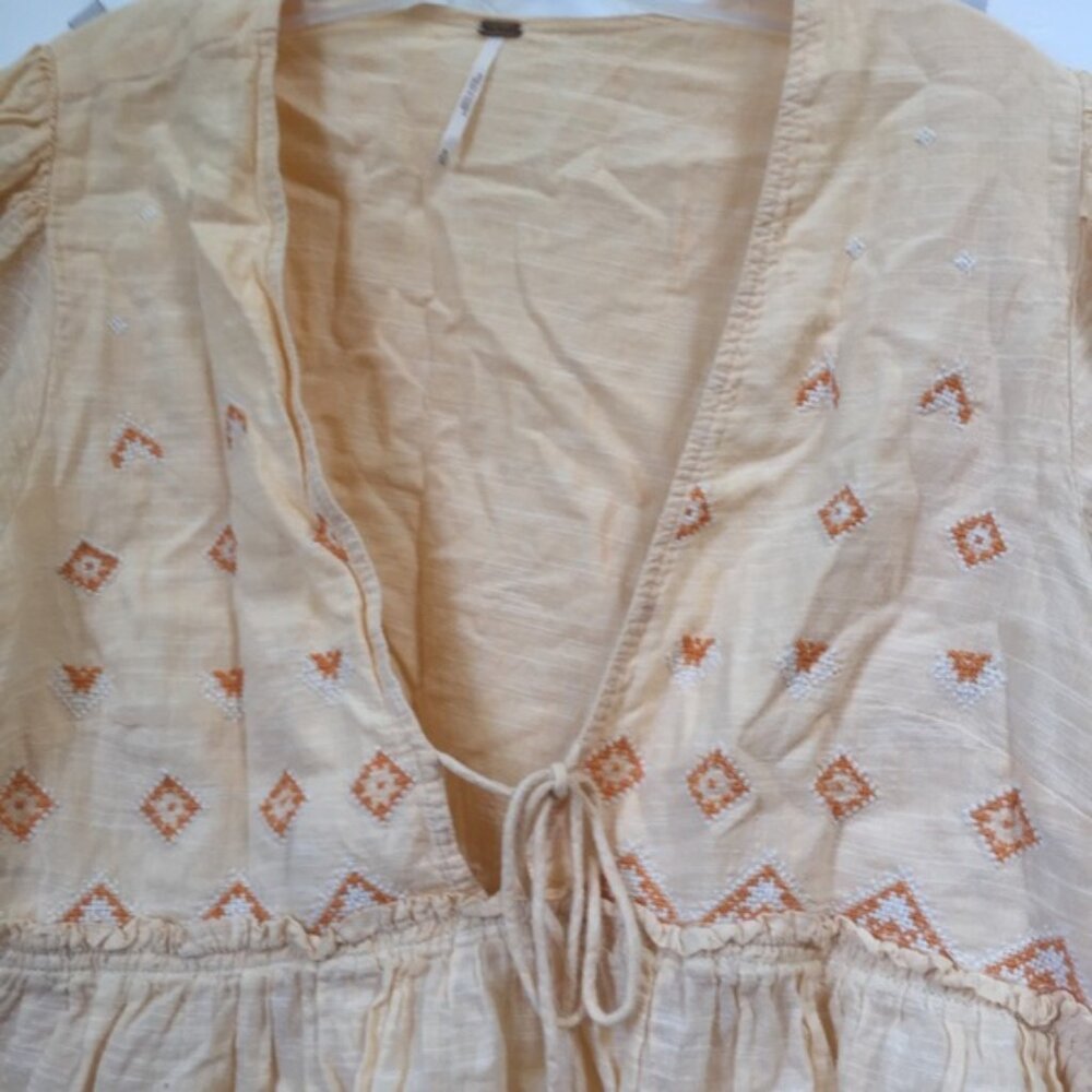 Free People Tallulah Embroidery Boho Crop Cotton Top Blouse XL Flowy Puff Sleeve - Picture 10 of 16
